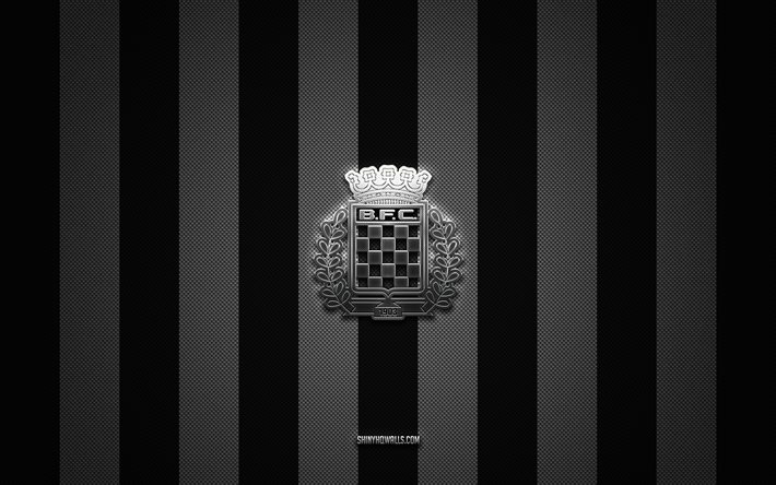 boavista fcロゴ, ポルトガルフットボールクラブ, プライミラリーガ, 黒の白い炭素の背景, boavista fcエンブレム, フットボール, boavista fc, ポルトガル, boavista fc silver metal logo