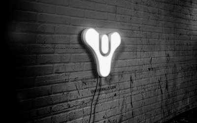 Destiny neon logo, 4k, black brickwall, grunge art, creative, games brands, logo on wire, Destiny white logo, Destiny logo, artwork, Destiny
