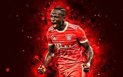 Sadio Mane, 4k, Bayern Munich FC, goal, red neon lights, Bundesliga, Senegalese footballers, soccer, Sadio Mane 4k, red abstract background, Sadio Mane Bayern Munich