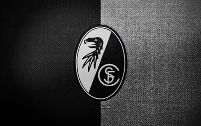 SC Freiburg badge, 4k, black white fabric background, Bundesliga, SC Freiburg logo, SC Freiburg emblem, sports logo, german football club, SC Freiburg, soccer, football, Freiburg FC