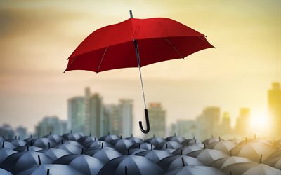 sea diferente, 4k, un paraguas rojo sobre paraguas negras, líder, ser conceptos diferentes, conceptos comerciales, motivación, conceptos de liderazgo