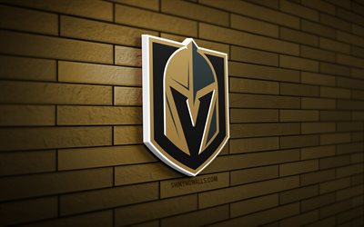 Vegas Golden Knights 3D logo, 4K, brown brickwall, NHL, hockey, Vegas Golden Knights logo, american hockey team, Vegas Golden Knights emblem, sports logo, Vegas Golden Knights