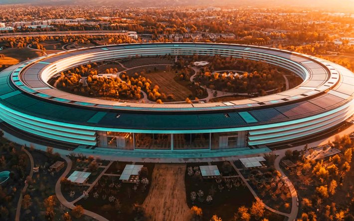 apple park, 4k, sunset, hdr, american cities, cupertino, californie, usa, amérique, apple park panorama