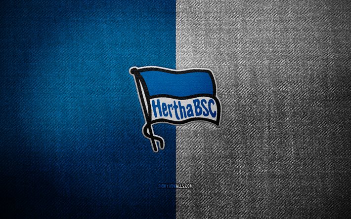 crachá hertha bsc, 4k, fundo azul de tecido branco, bundesliga, logotipo hertha bsc, emblema hertha bsc, logotipo esportivo, clube de futebol alemão, hertha bsc, hertha berlin, futebol, hertha fc