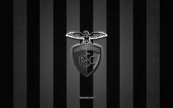 portimonense sc logo, نادي كرة القدم البرتغالي, primeira liga, خلفية الكربون الأبيض الأسود, portimonense sc emblem, كرة القدم, portimonense sc, البرتغال, portimonense sc silver metal logo