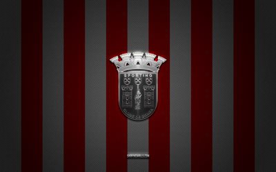 sc braga logo, portugais football club, primeira liga, red white carbon background, sc braga emblem, football, sc braga, portugal, sc braga silver metal logo