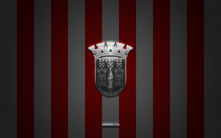 sc braga logo, portugais football club, primeira liga, red white carbon background, sc braga emblem, football, sc braga, portugal, sc braga silver metal logo