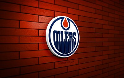 Edmonton Oilers 3D logo, 4K, orange brickwall, NHL, hockey, Edmonton Oilers logo, american hockey team, Edmonton Oilers emblem, sports logo, Edmonton Oilers