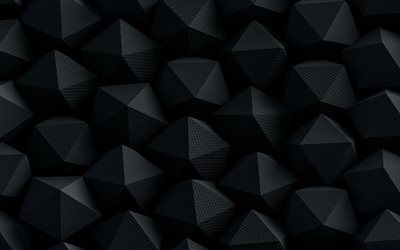 pyramides 3d noirs, 4k, textures à faible poly en poly, texture black 3d stones, motifs 3d géométriques, arrière-plans noirs, textures 3d, géométrie, modèles triangles 3d, textures géométriques, motifs 3d, formes géométriques, triangles