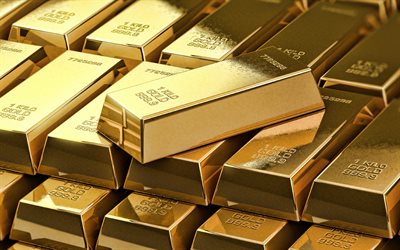 montanha de ouro, 4k, montanha de barras de ouro, ouro, metais preciosos, conceitos de ouro, barras de ouro, reservas de ouro, fundo de ouro, ouro 3d