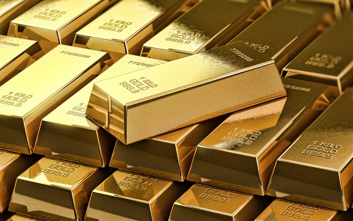montaña de oro, 4k, montaña de barras de oro, oro, metales preciosos, conceptos de oro, barras de oro, reservas de oro, fondo de oro, lingotes, oro 3d