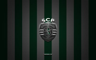 logotipo de cp sporting, portuguese football club, primeira liga, fondo de carbono blanco verde, emblema de cp sporting, fútbol, ​​cp deportivo, portugal, logotipo de sporting cp silver metal