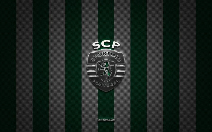 Sporting CP logo, Portuguese football club, Primeira Liga, green white carbon background, Sporting CP emblem, football, Sporting CP, Portugal, Sporting CP silver metal logo
