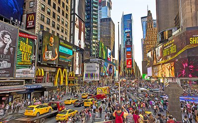 4k, 타임 스퀘어, 뉴욕, 맨해튼, 벡터 아트, nyc, 창조적 인 예술, 뉴욕 그림, 뉴욕시 경사, 브로드 웨이, 미국