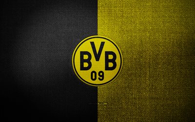 Borussia Dortmund badge, 4k, yellow black fabric background, Bundesliga, Borussia Dortmund logo, Borussia Dortmund emblem, sports logo, german football club, Borussia Dortmund, BVB, soccer, football, Borussia Dortmund FC