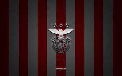 sl benfica logo, portugais football club, primeira liga, red white carbon background, sl benfica emblem, football, sl benfica, portugal, sl benfica silver metal logo