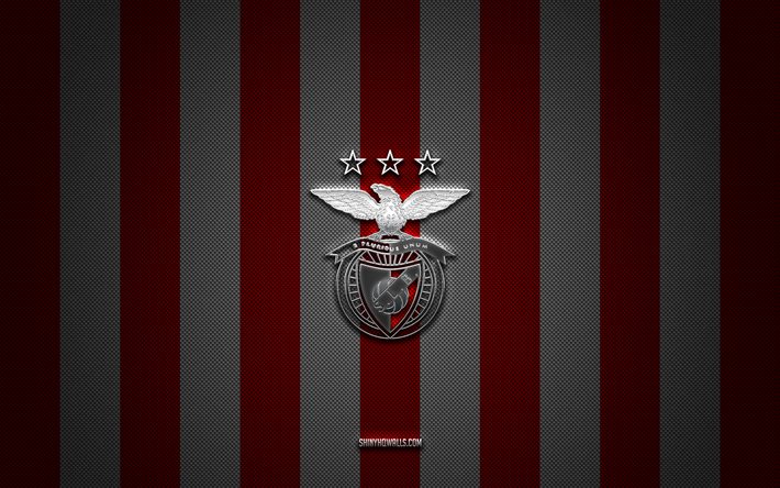 SL Benfica logo, Portuguese football club, Primeira Liga, red white carbon background, SL Benfica emblem, football, SL Benfica, Portugal, SL Benfica silver metal logo