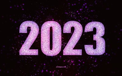 Purple 2023 background, 4k, Happy New Year 2023, glitter art, 2023 Purple glitter background, 2023 concepts, 2023 Happy New Year, Purple lights, 2023 Purple template