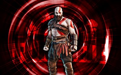 kratos, 4k, fond abstrait rouge, fortnite, rayons abstraits, kratos skin, fortnite kratos skin, personnages fortnite, kratos fortnite