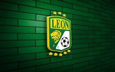 logo club leon 3d, 4k, parede de tijolos verde, liga mx, futebol, clube de futebol mexicano, logo do clube leon, emblema do clube leon, clube leão, logotipo esportivo, leão fc