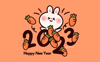 4k, ano novo chinês 2023, minimalismo, ano do coelho 2023, ano do coelho, conceitos de 2023, 2023 feliz ano novo, coelho d'água, feliz ano novo 2023, signos do zodíaco chinês, fundo laranja 2023, 2023 ano