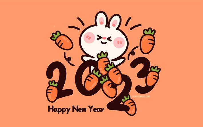 4k, año nuevo chino 2023, minimalismo, año del conejo 2023, año del conejo, 2023 conceptos, 2023 feliz año nuevo, conejo de agua, feliz año nuevo 2023, signos del zodiaco chino, 2023 fondo naranja, 2023 año