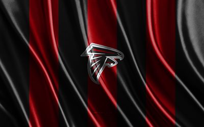 4k, atlanta falcons, nfl, textura de seda preta vermelha, bandeira do atlanta falcons, time de futebol americano, emblema do atlanta falcons, eua, distintivo do atlanta falcons
