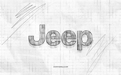 ジープ スケッチ ロゴ, 4k, 市松模様の紙の背景, ジープの黒いロゴ, 車のブランド, ロゴスケッチ, ジープのロゴ, 鉛筆画, ジープ