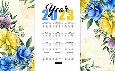 2023 calendario, 4k, flores amarillas azules, 2023 calendario floral, 2023 todos los meses calendario, azul amarillo fondo floral, 2023 conceptos, calendario 2023, flores de fondo