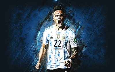 lautaro martinez, argentinische fußballnationalmannschaft, porträt, argentinischer fußballspieler, blauer steinhintergrund, argentinien, fußball