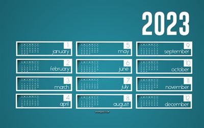2023 todos los meses calendario, 4k, 2023 conceptos, fondo azul, 2023 calendario de papel, arte en papel, calendario 2023, año nuevo, 2023 calendario azul