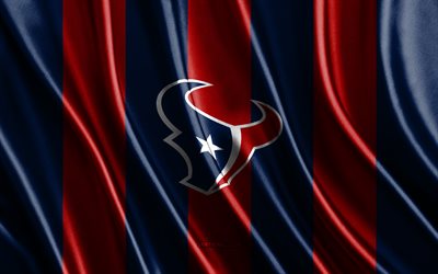 4k, ヒューストン・テキサンズ, nfl, 青赤絹のテクスチャ, ヒューストン テキサンズの旗, アメリカン フットボール チーム, アメリカンフットボール, 絹の旗, ヒューストン・テキサンズのエンブレム, アメリカ合衆国, ヒューストン・テキサンズのバッジ