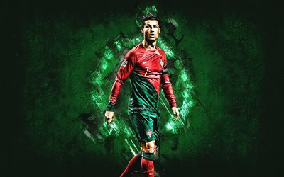cristiano ronaldo, seleção portuguesa de futebol, fundo de pedra verde, portugal, arte grunge, cr7, futebol, arte criativa, estrela do futebol mundial