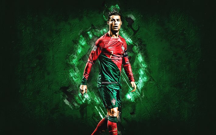 cristiano ronaldo, portogallo, nazionale di calcio, pietra verde sullo sfondo, grunge, cr7, calcio, arte creativa, stella del calcio mondiale