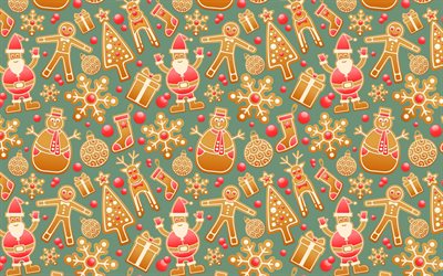 cartoon xmas patterns, 4k, Christmas decorations, cartoon xmas characters, xmas decorations, Christmas patterns, Christmas backgrounds