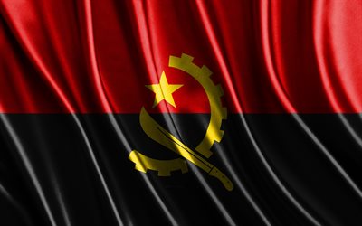 bandeira de angola, 4k, bandeiras 3d de seda, países da áfrica, dia de angola, ondas de tecido 3d, bandeira angolana, bandeiras onduladas de seda, países africanos, símbolos nacionais angolanos, angola, áfrica