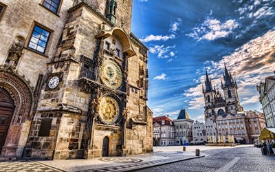 Prague, Old Town Square, Prague Clock Tower, evening, sunset, Old Town Hall, old clock, chapel, Prague cityscape, Prague Landmark, Czech Republic