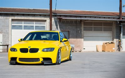 bmw m3, lowriders, 2008 voitures, e90, tuning, supercars, jaune bmw m3, bmw e90, 2008 bmw m3, bmw m3 e90, hdr, voitures allemandes, bmw