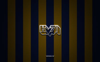 hv71-logo, schwedisches eishockeyteam, shl, blau-gelber karbonhintergrund, hv71-emblem, eishockey, hv71, schweden, hv71-silbermetalllogo
