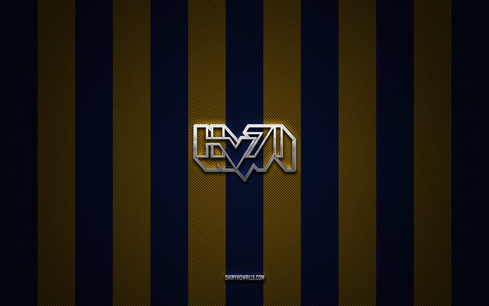 logo hv71, équipe suédoise de hockey sur glace, shl, fond bleu carbone jaune, emblème hv71, hockey sur glace, hv71, suède, logo en métal argenté hv71