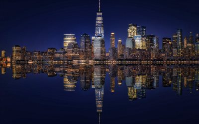 1 world trade center, nueva york, rascacielos, manhattan, noche, horizonte de nueva york, paisaje urbano de nueva york, nueva york de noche, ee uu