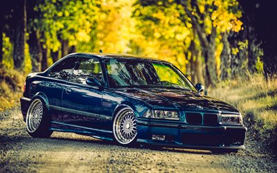 BMW M3 Coupe, 4k, autumn, 1999 cars, e36, tuning, Blue BMW M3 Coupe, BMW E36, 1999 BMW M3 Coupe, BMW M3 Coupe E36, HDR, german cars, BMW