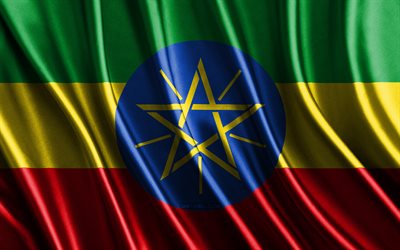 bandeira da etiópia, 4k, bandeiras 3d de seda, países da áfrica, dia da etiópia, ondas de tecido 3d, bandeira etíope, bandeiras onduladas de seda, países africanos, símbolos nacionais da etiópia, etiópia, áfrica
