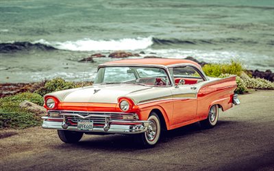 포드 페어레인 500 클럽 빅토리아, 4k, 도로, 1957년 자동차, 레트로 자동차, 올드 모빌, 1957 포드 페어레인, 미국 자동차, 포드