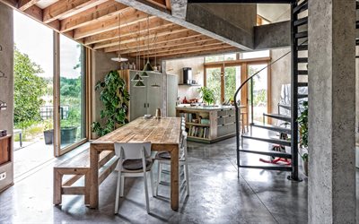 diseño interior elegante, comedor, estilo loft, paredes de hormigón gris, mesa de madera, diseño interior moderno, idea para un comedor tipo loft, cocina