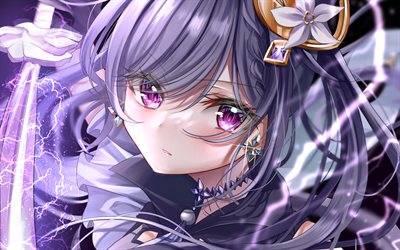 Keqing, 4k, violet eyes, Genshin Impact, artwork, protagonist, manga, warriors, Keqing Genshin Impact