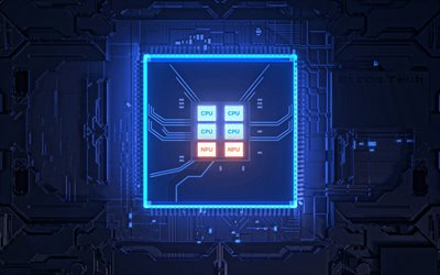 motherboard, NPU, AI accelerator, CPU, hardware accelerator, blue technology background, blue cpu background, digital technology, board background