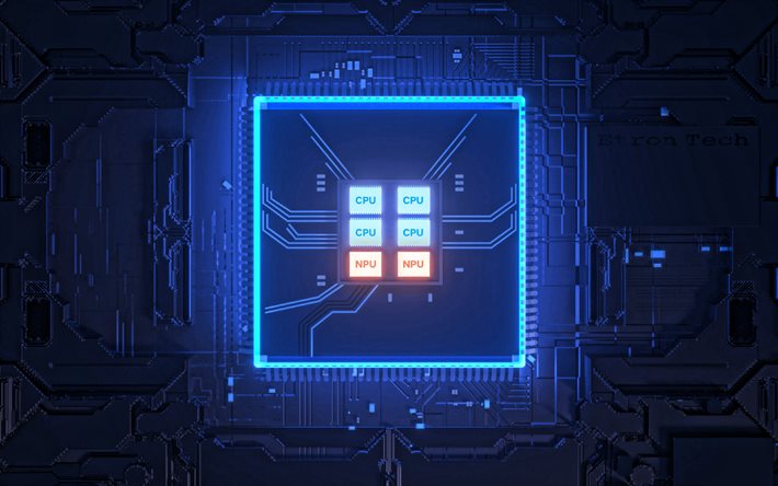motherboard, NPU, AI accelerator, CPU, hardware accelerator, blue technology background, blue cpu background, digital technology, board background