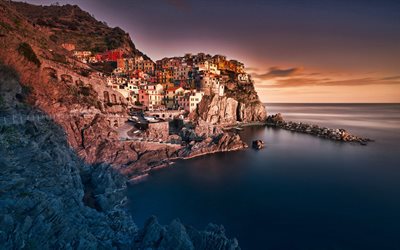 Manarola, evening, sunset, Ligurian coast, seascape, Manarola cityscape, Riomaggiore, La Spezia, Liguria, Italy, View of Manarola