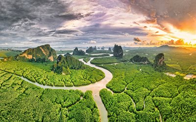 baie de phang nga, vue aérienne, soirée, coucher de soleil, forêt de mangrove, jungle, paysage de montagne, mer d'andaman, thaïlande